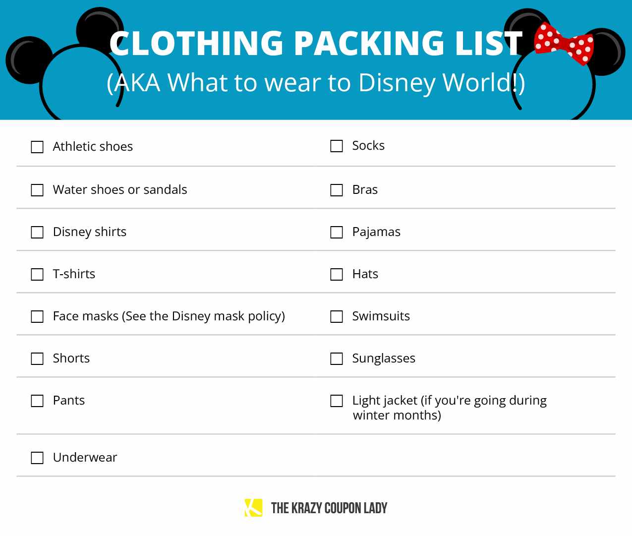 A graphic showing clothing to pack on a Disney vacation