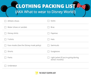 A graphic showing clothing to pack on a Disney vacation
