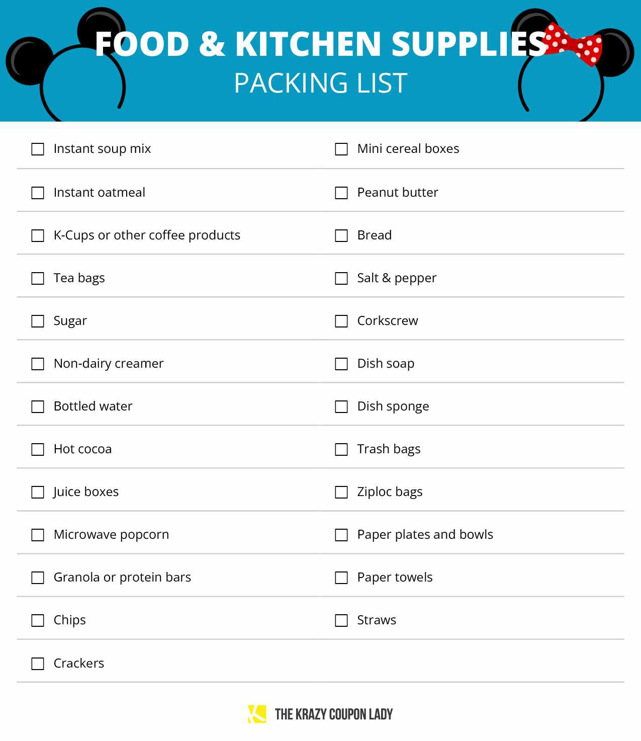 A graphic showing food and kitchen items to pack for a disney vacation