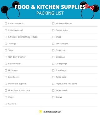 A graphic showing food and kitchen items to pack for a disney vacation