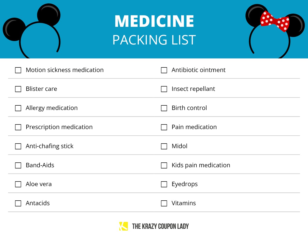 A graphic showing medicine to pack on a disney vacation