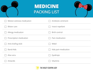 A graphic showing medicine to pack on a disney vacation