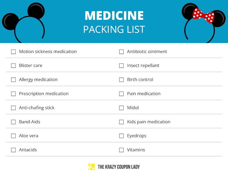 A graphic showing medicine to pack on a disney vacation
