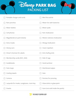 A graphic listing Disney park bag packing list items
