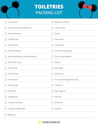 A graphic showing toiletries to pack for a Disney vacation