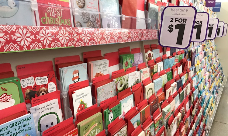 An aisle of Hallmark cards at Dollar Tree.