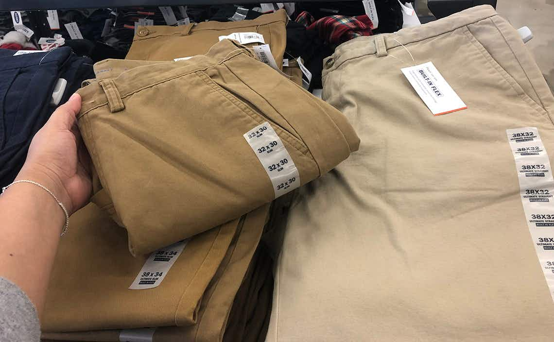 mens khaki pants on shelf