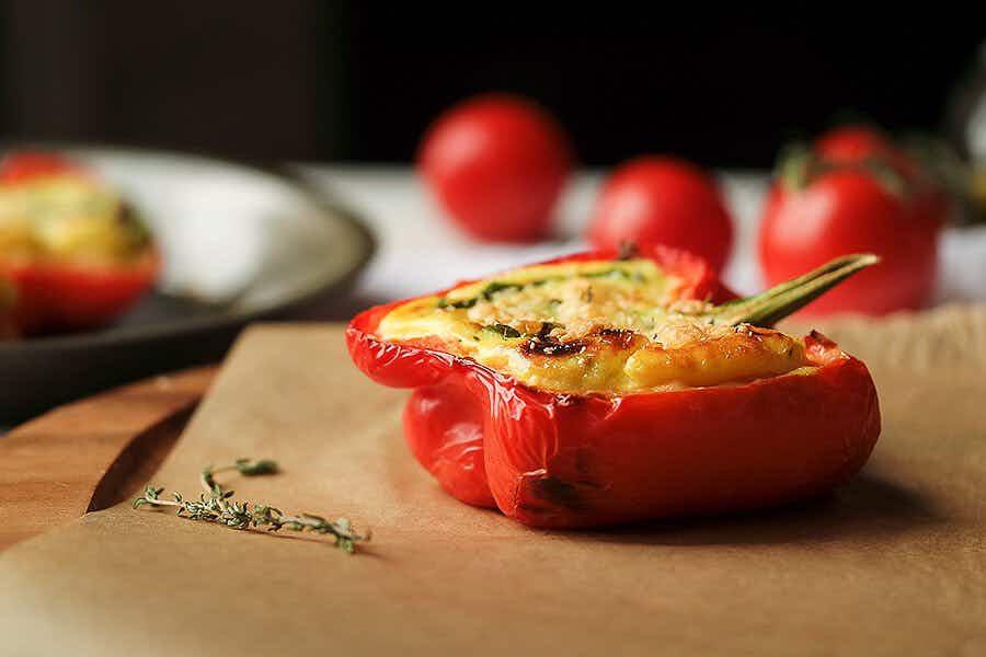 quiche in a halved red bell pepper