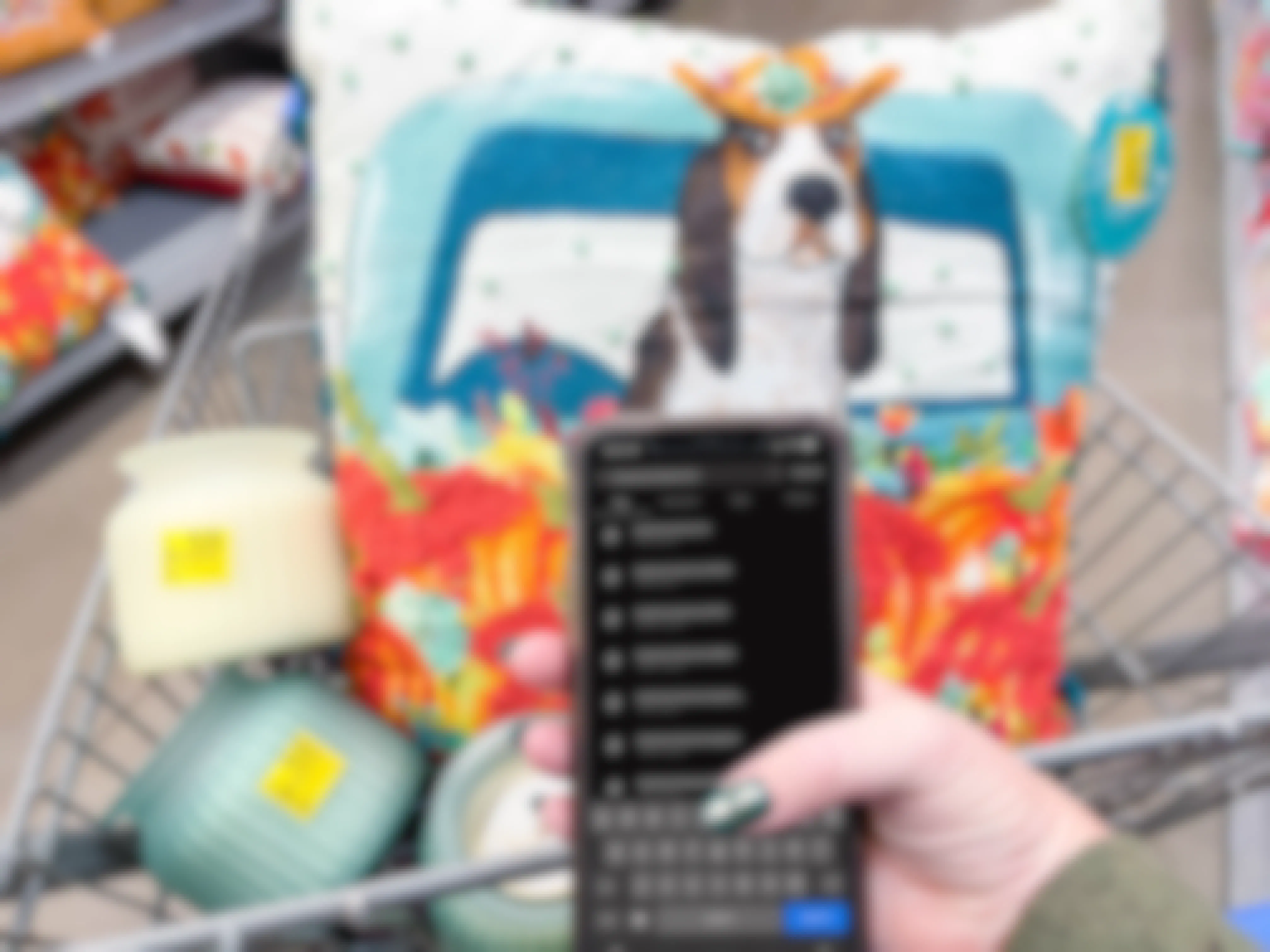 person with walmart items in cart searching for instagram hashtags on phone