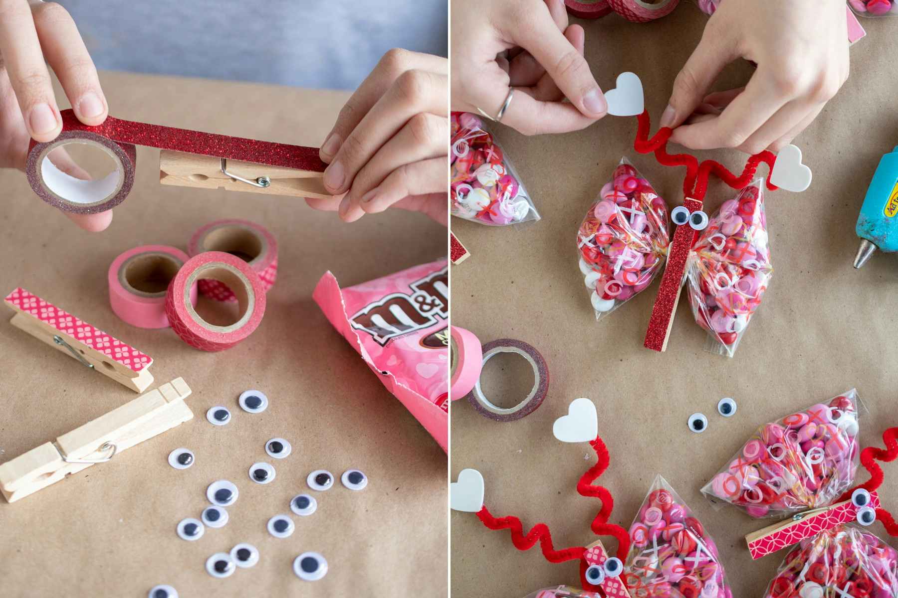 someone putting washy tape on a clothespin and attaching heart shapes to the clothespins turned into butterfly
