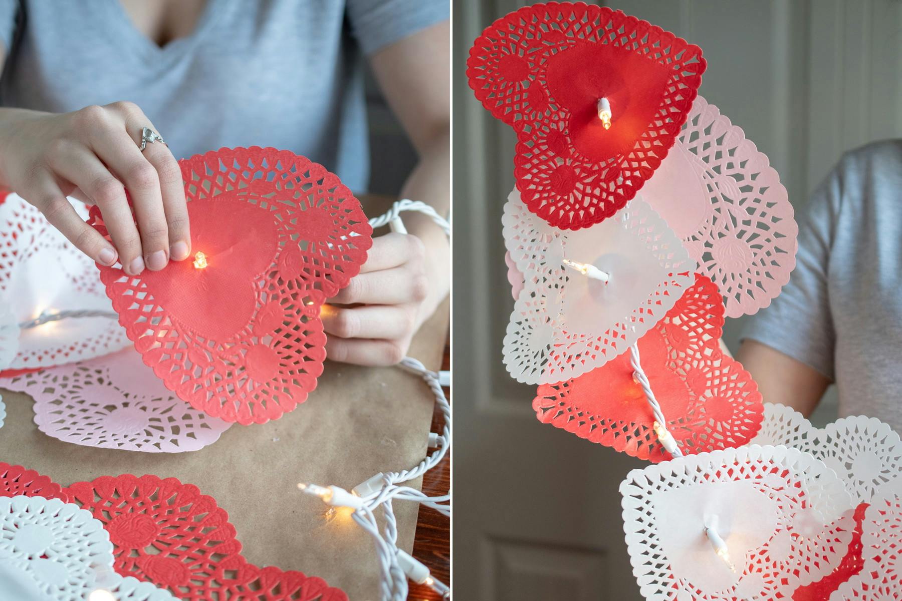 someone putting lights in valentines heart doilies