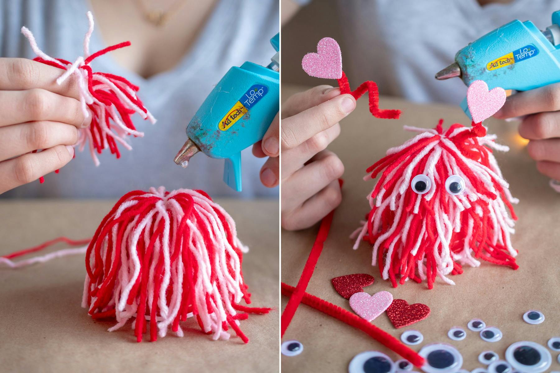 someone gluing yarn to more yarn and gluing pipe cleaners with hearts on the yarn