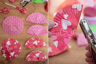cupcake wrappers and someone hole punching a cupcake wrapper