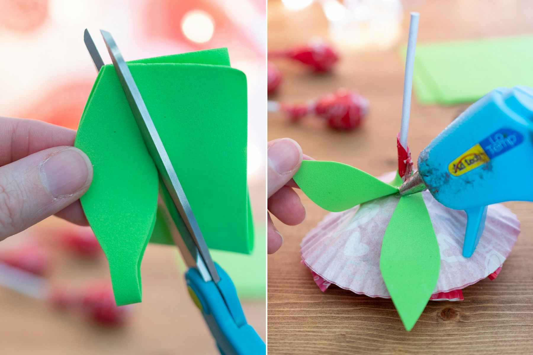someone cutting out felt leaves and gluing it to cupcake liners