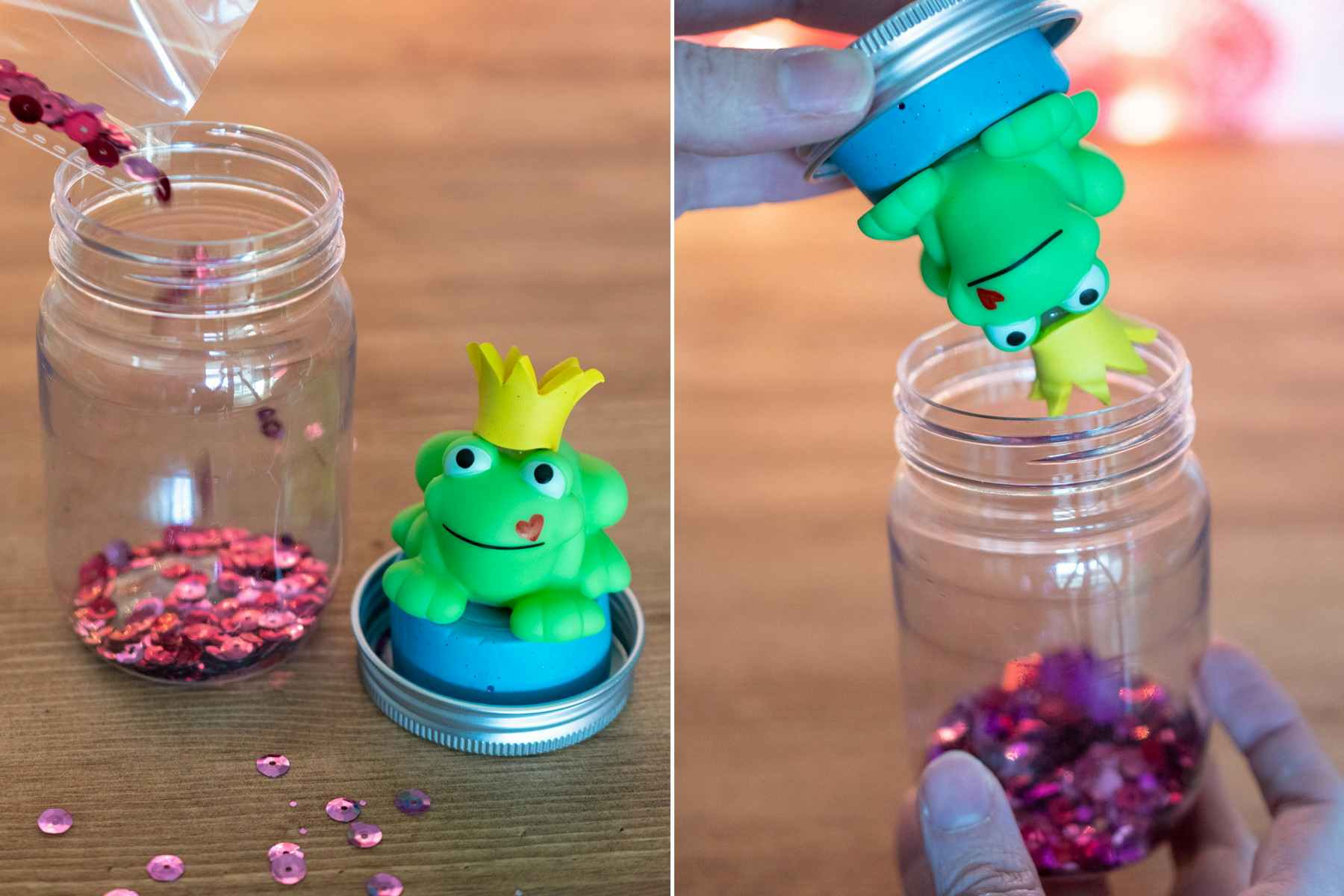 toy frog on mason jar lid and someone pouring sequins in mason jar of water and putting the id on the jar