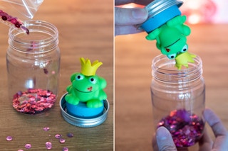 toy frog on mason jar lid and someone pouring sequins in mason jar of water and putting the id on the jar