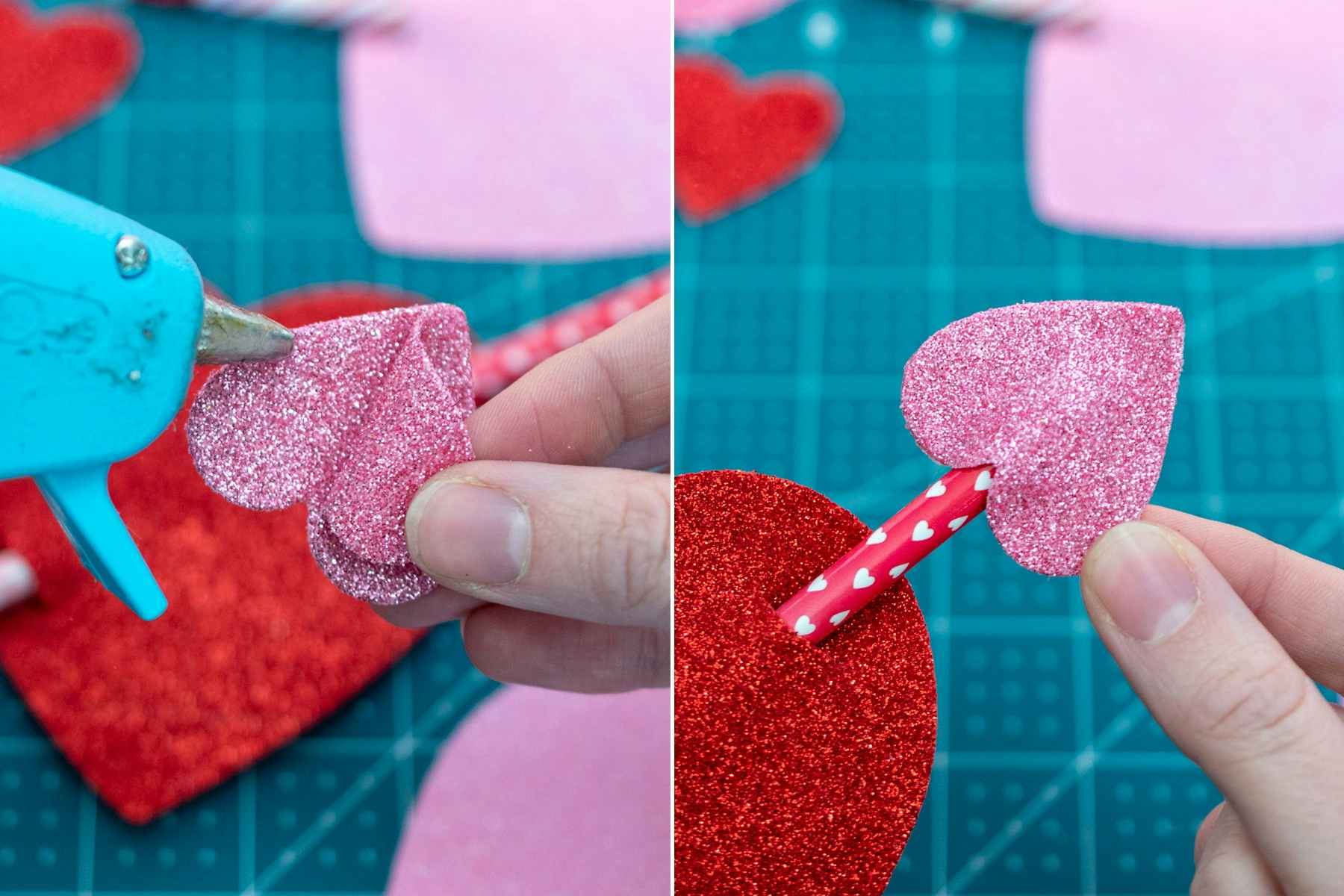 someone gluing small heart on end of paper straw