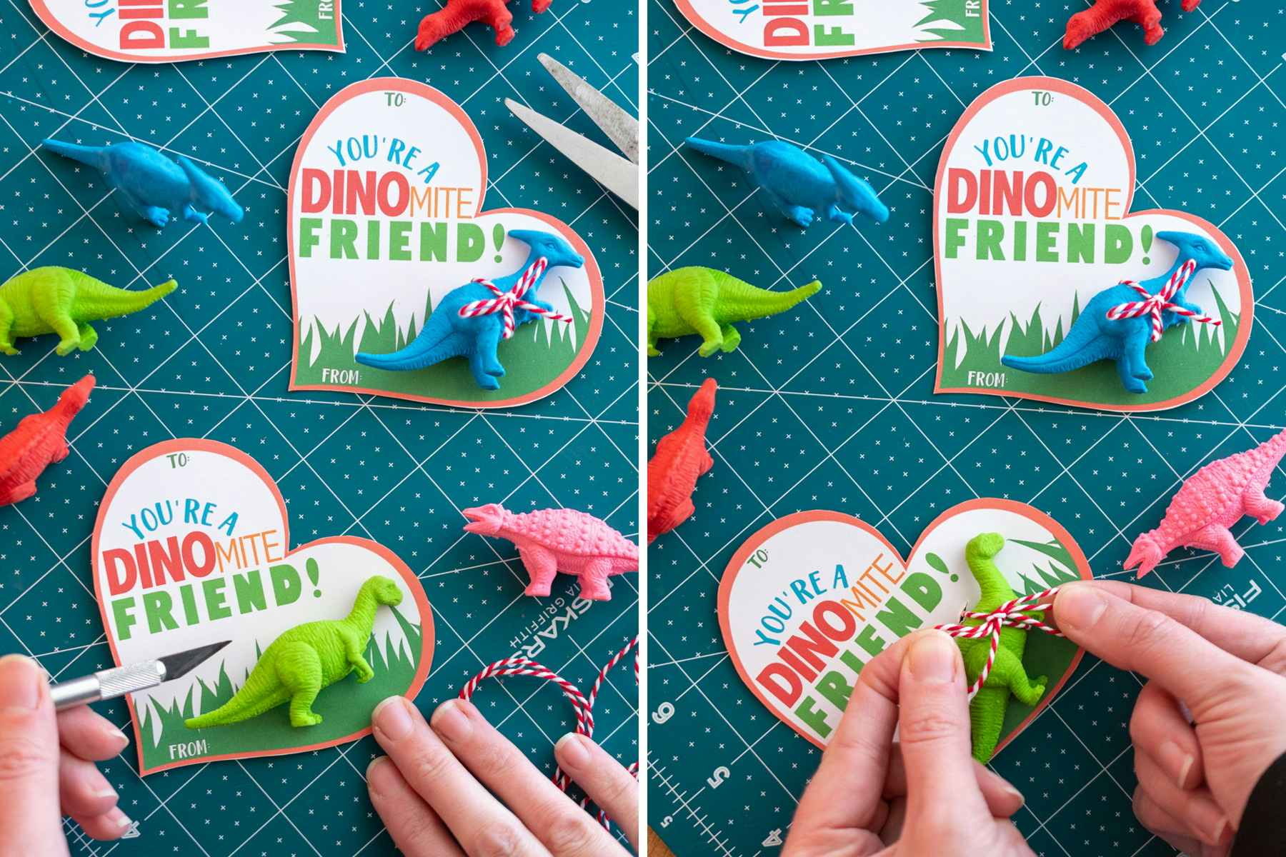someone holding exacto knife next to youre a dinomite friend card and tying a toy dinosaur to it