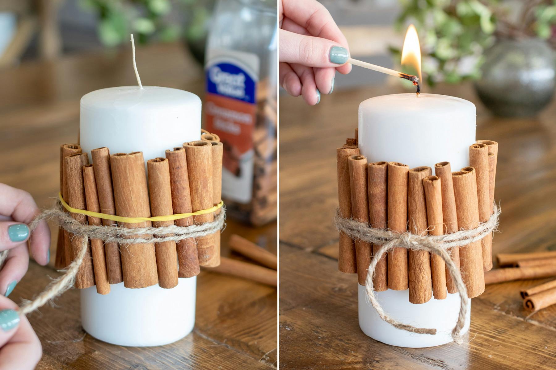 Woman tying twine around cinnamon sticks that are wrapped around a candle.