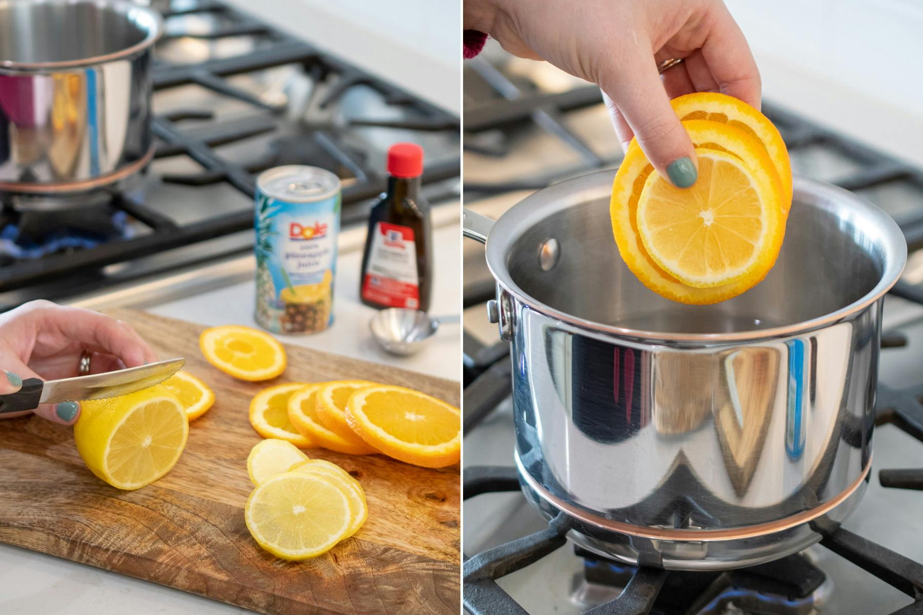 Someone slicing oranges and placing slices in a pot on a stove