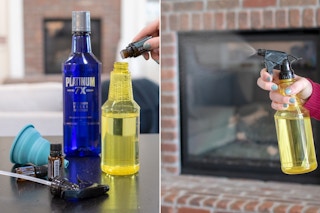 Someone making homemade air freshener with vodka and essential oil in a spray bottle with water