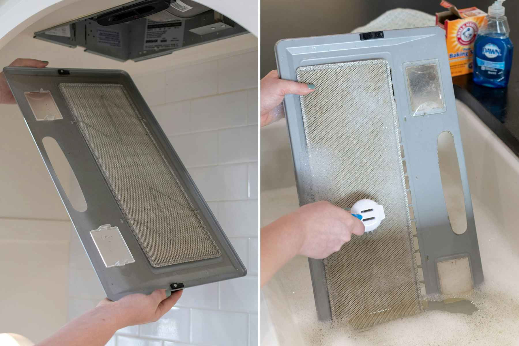 A person removing a stove hood vent and dipping it into a sink with Dawn Dish Soap