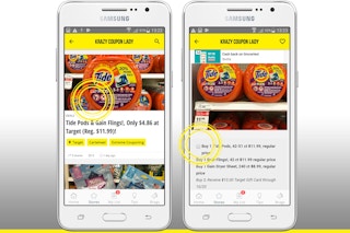 Two samsung phones necxt to each other with the Krazy Coupon Lady app open showing Tid laundry detergent deals.