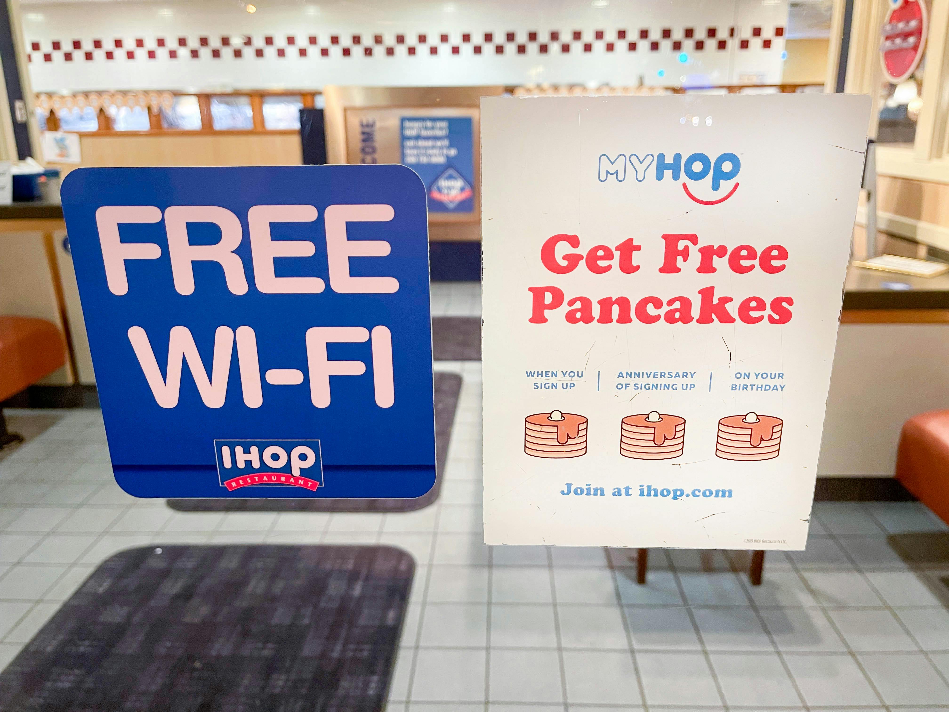 myhop free pancakes sign