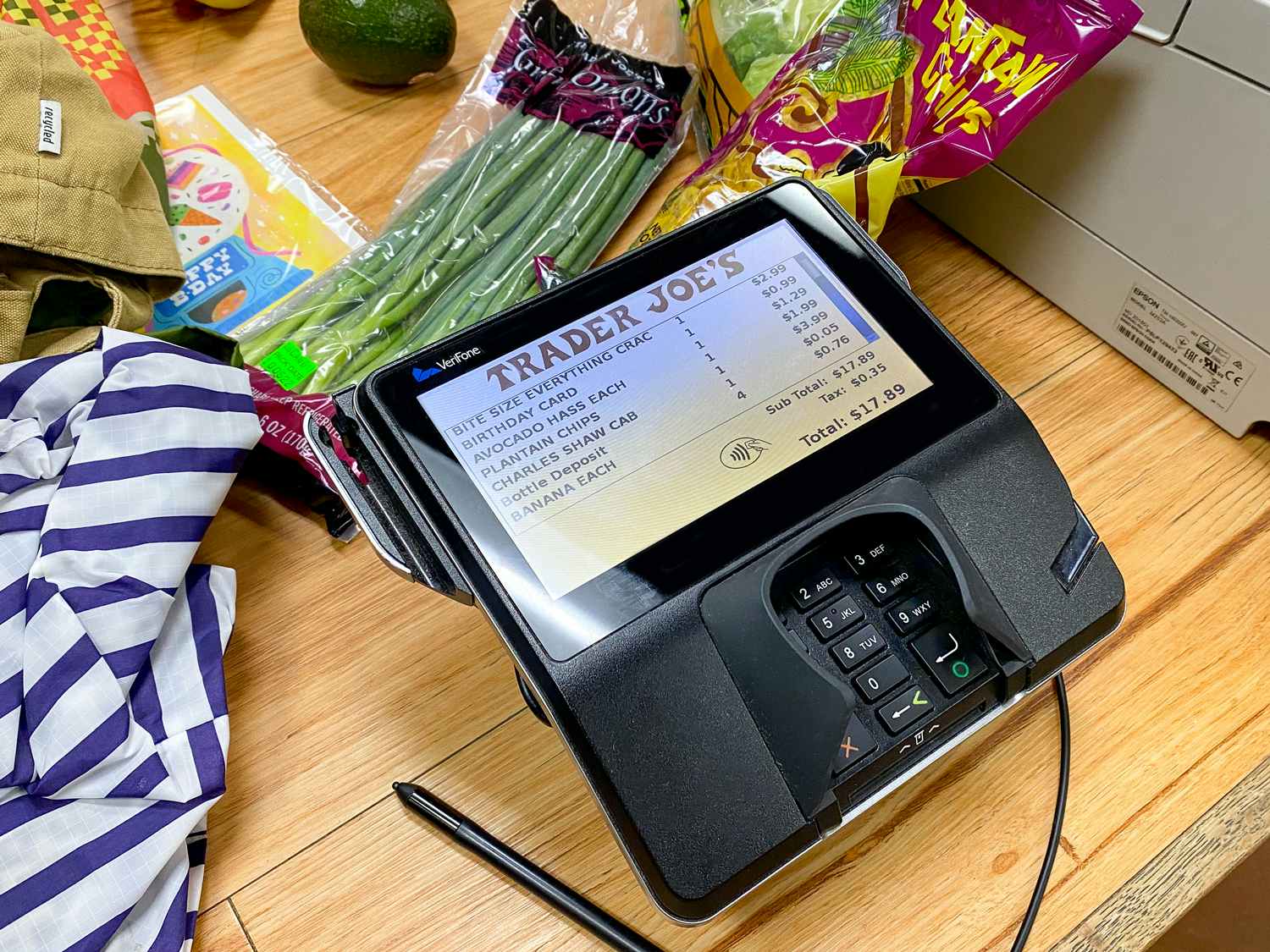 trader joes checkout card reader and groceries