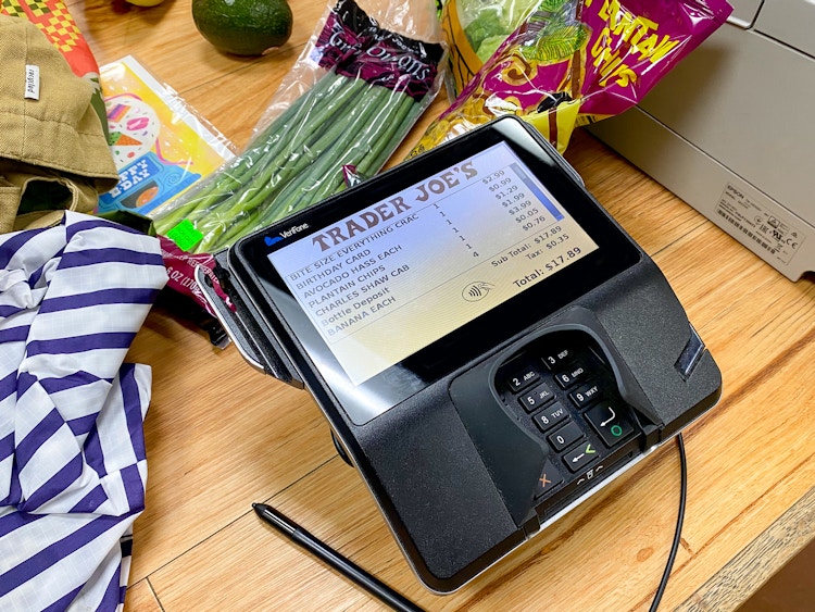 trader joes checkout card reader and groceries