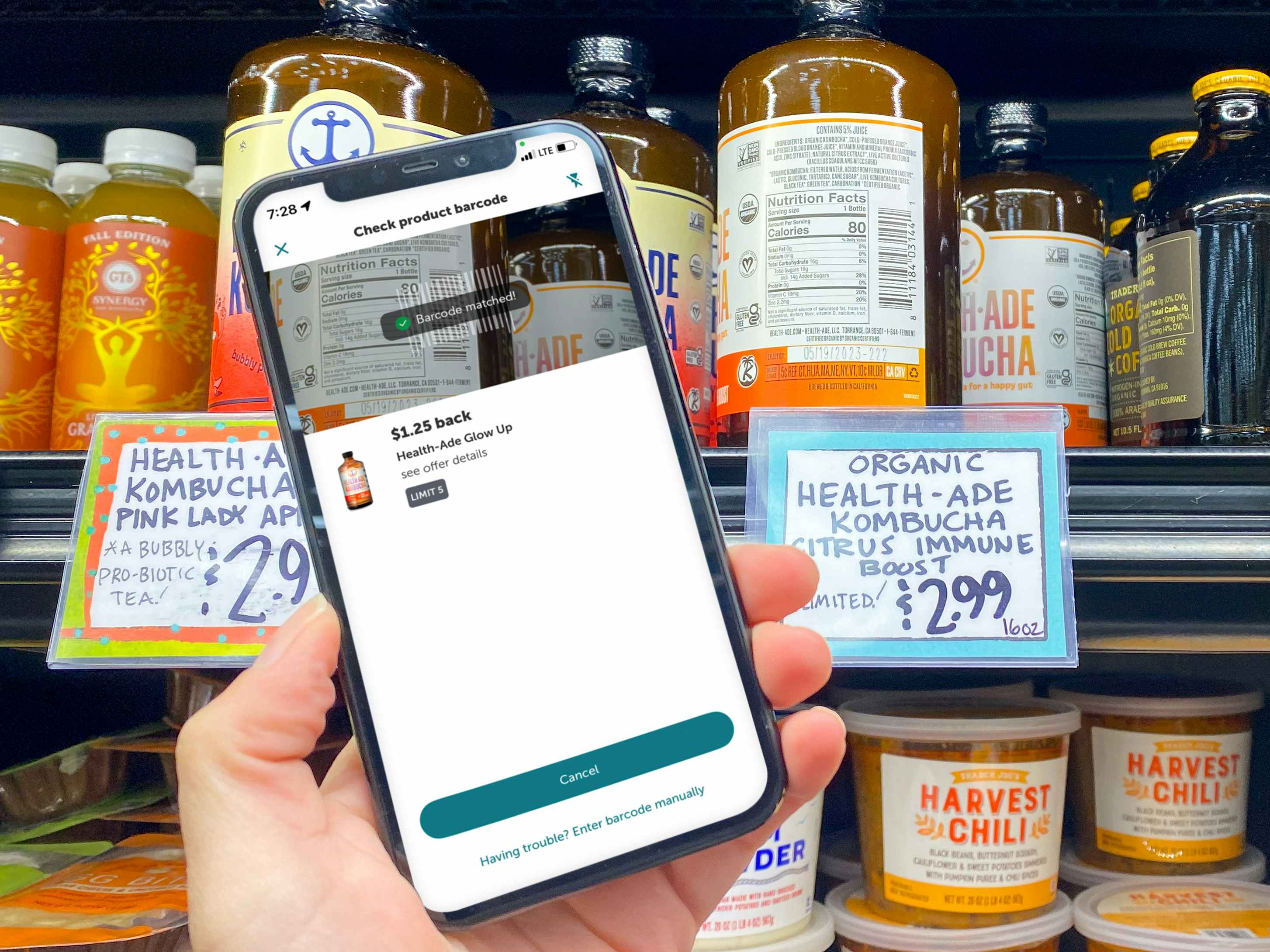 hand scanning trader joes health-ade kombucha barcode in ibotta app