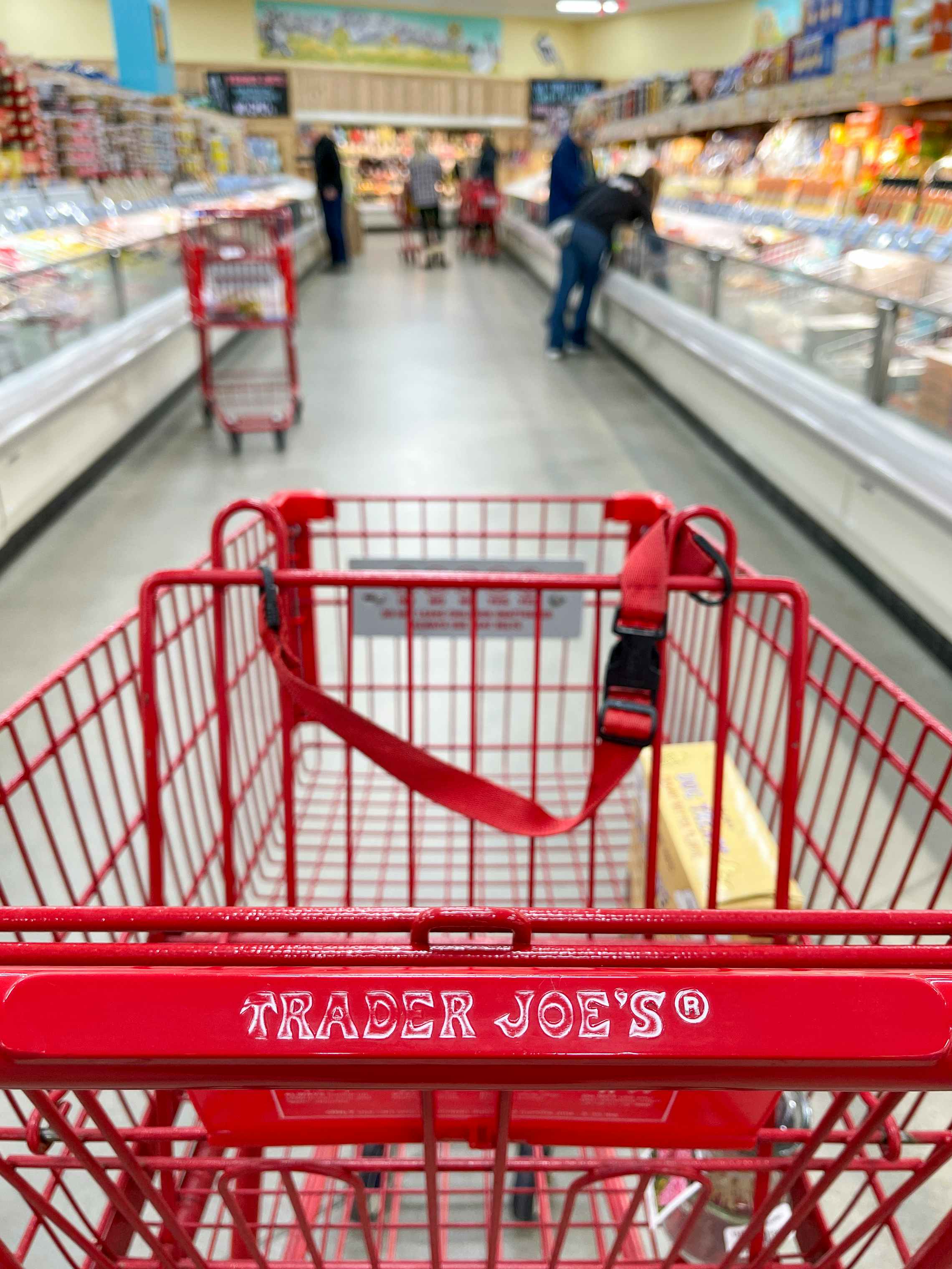A shopping cart in the center of an aisle at Trader Joe's