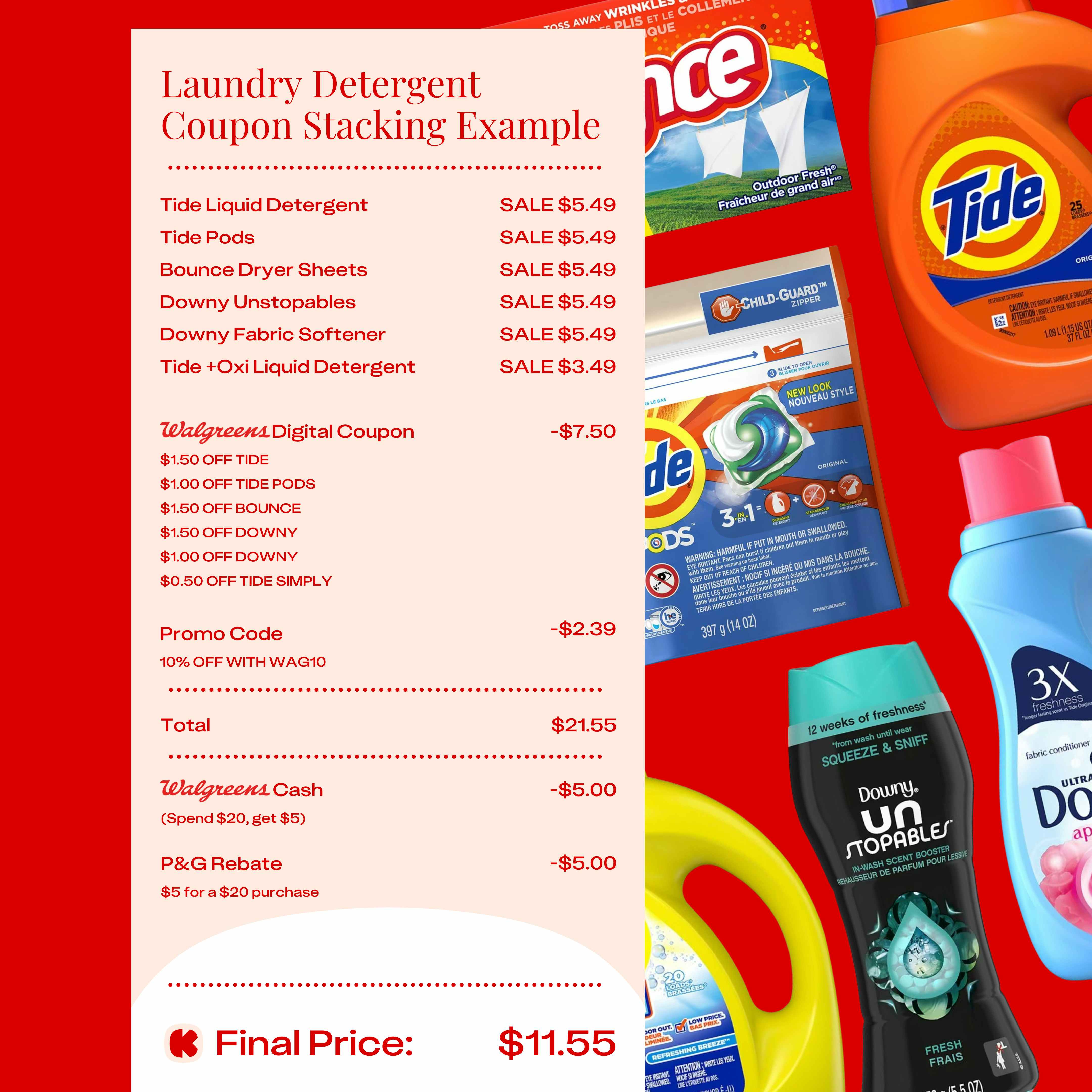 a coupon stacking example for laundry detergent at walgreens