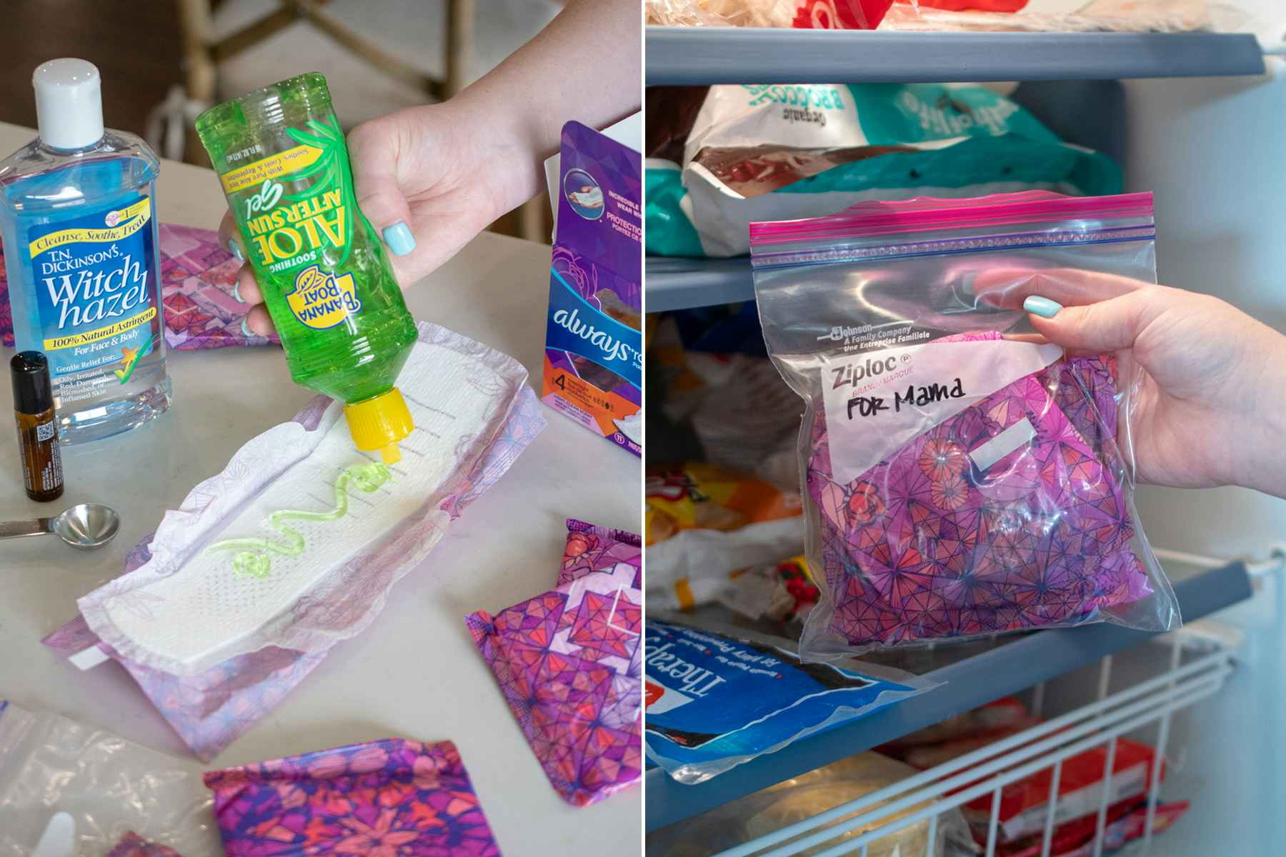 A person pouring some aloe vera on a pantiliner and placing it in a ziploc bag into a refrigerator.