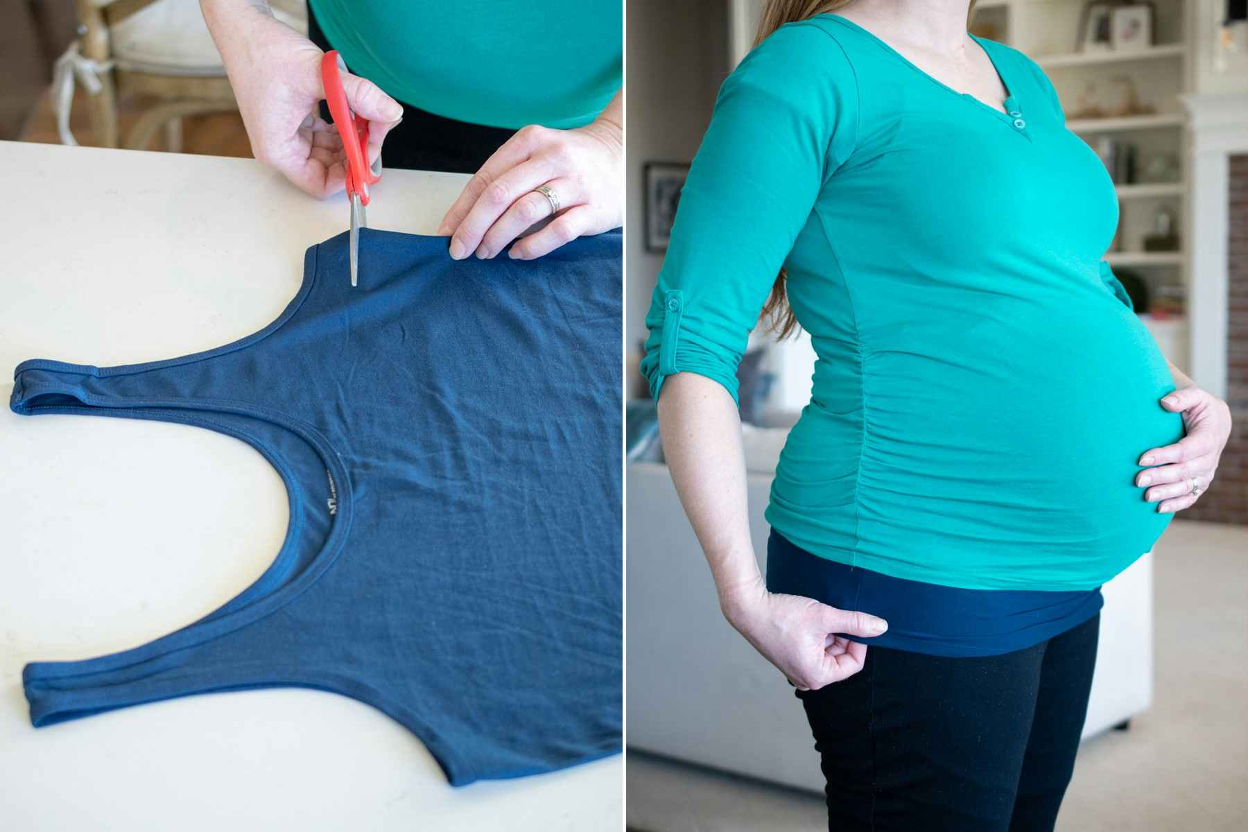 A pregnant woman cutting a tank top and wearing part of a tank top under another shirt.