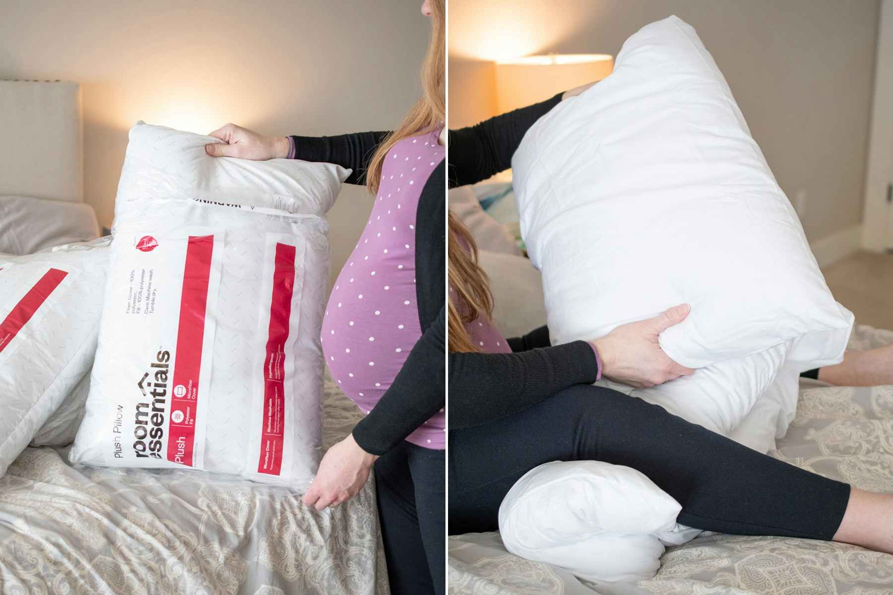 A pregnant woman taking a pillows out of their packaging and putting them beneath her legs.
