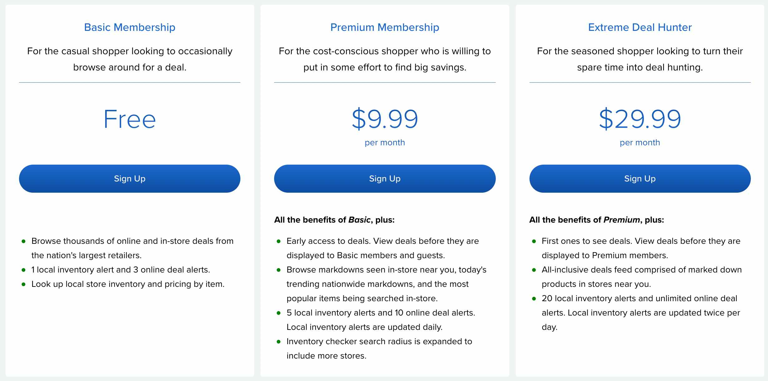A screenshot of the membership pricing for BrickSeek, showing the Free, premium, and extreme deal hunter levels.
