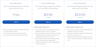 A screenshot of the membership pricing for BrickSeek, showing the Free, premium, and extreme deal hunter levels.