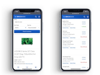 A graphic of two iPhones displaying a product page on BrickSeek.com with the product's availability in different store locations.