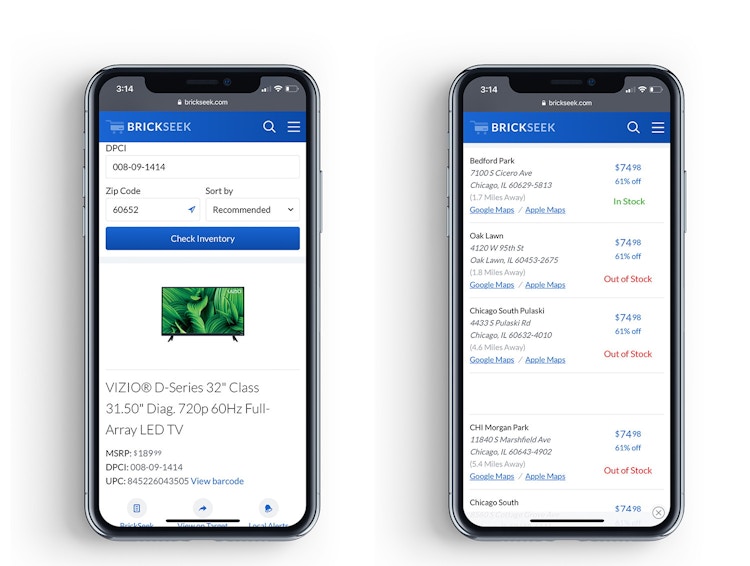 A graphic of two iPhones displaying a product page on BrickSeek.com with the product's availability in different store locations.