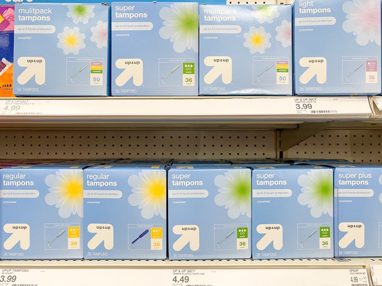 A shelf of Up&Up tampons at Target