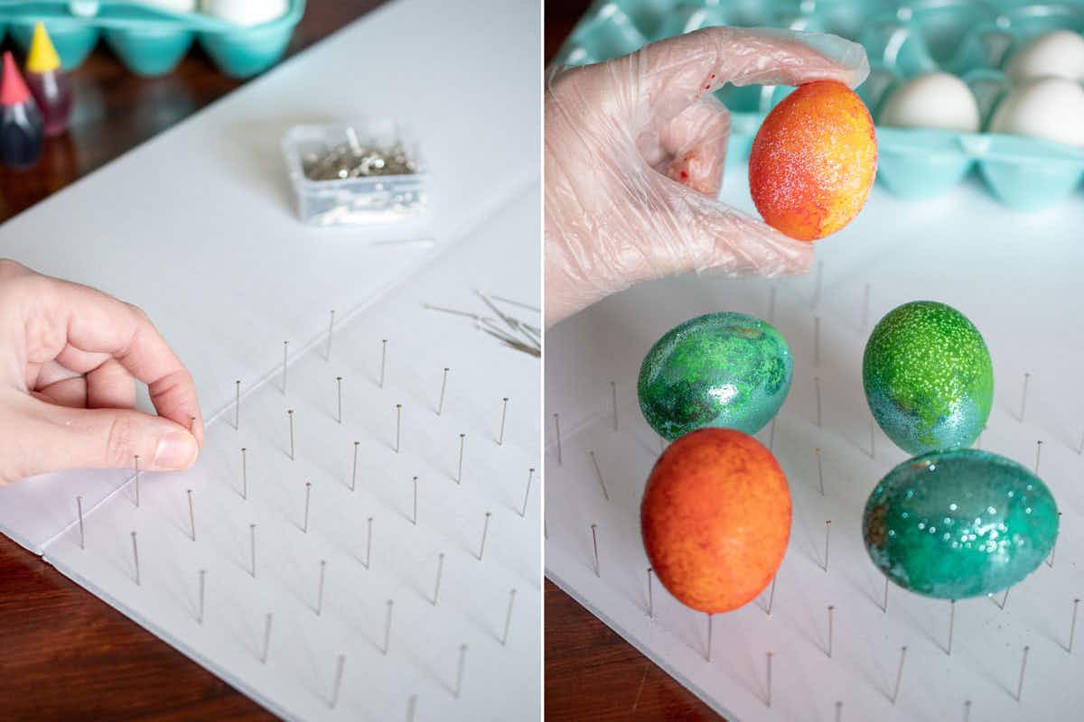 Make a DIY drying rack made from pins and thick foam board for your painted eggs.