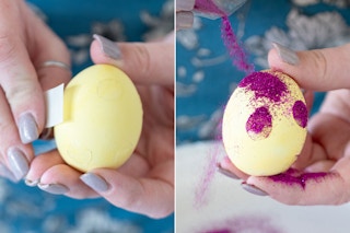Decorate eggs with glue dots and glitter.