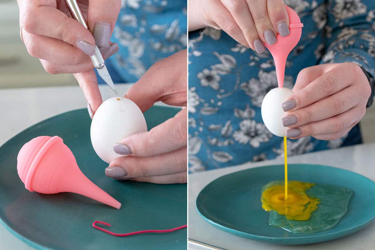 Blow the yolk out of an egg with a rubber aspirator syringe from the dollar store.