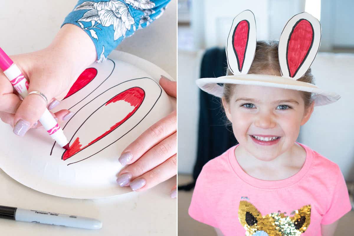 Turn a paper plate into a bunny ears hat for kids.