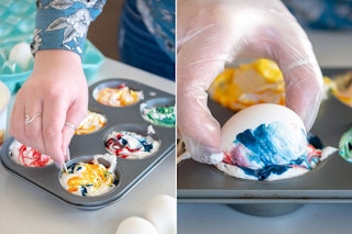 Decorate eggs by swirling them in food coloring and whipped topping.