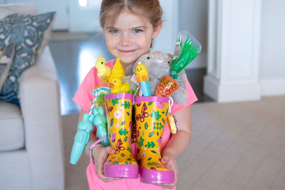 Assemble a non-traditional Easter "basket" with rubber boots.