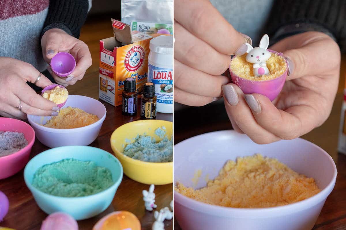 Make Easter egg bath bombs with Easter toys inside.