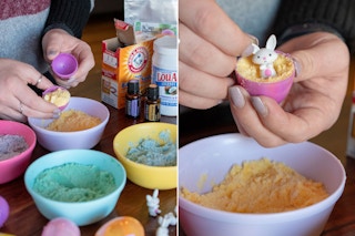 Make Easter egg bath bombs with Easter toys inside.