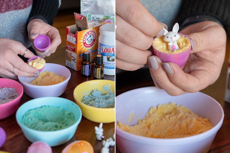 Make Easter egg bath bombs with Easter toys inside.